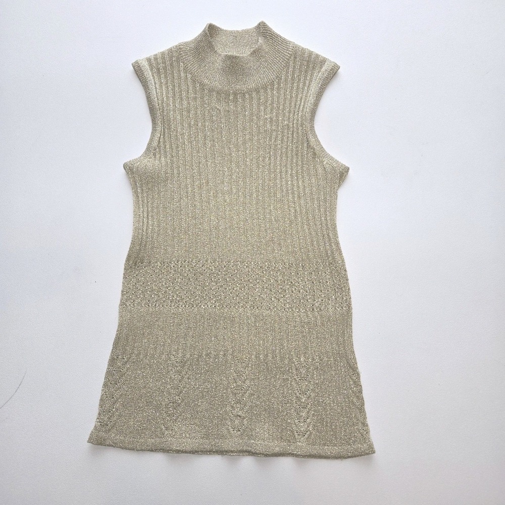 Ziani Couture Gold Metallic Ribbed Sweater Mock‎ Neck Tank Glam Y2K Ribbed Small